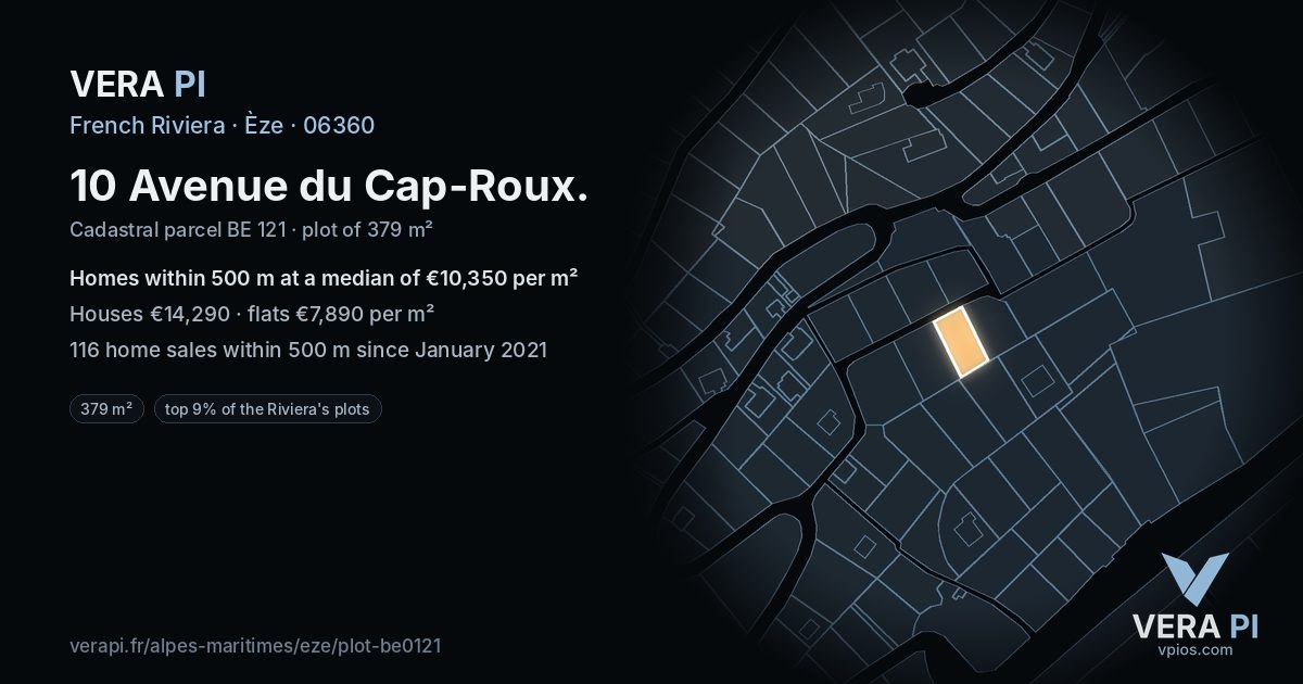 10 Avenue du Cap-Roux, Èze at night – the plot lit, the parcels around coloured by the prices near them