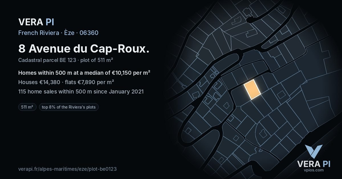 8 Avenue du Cap-Roux, Èze at night – the plot lit, the parcels around coloured by the prices near them