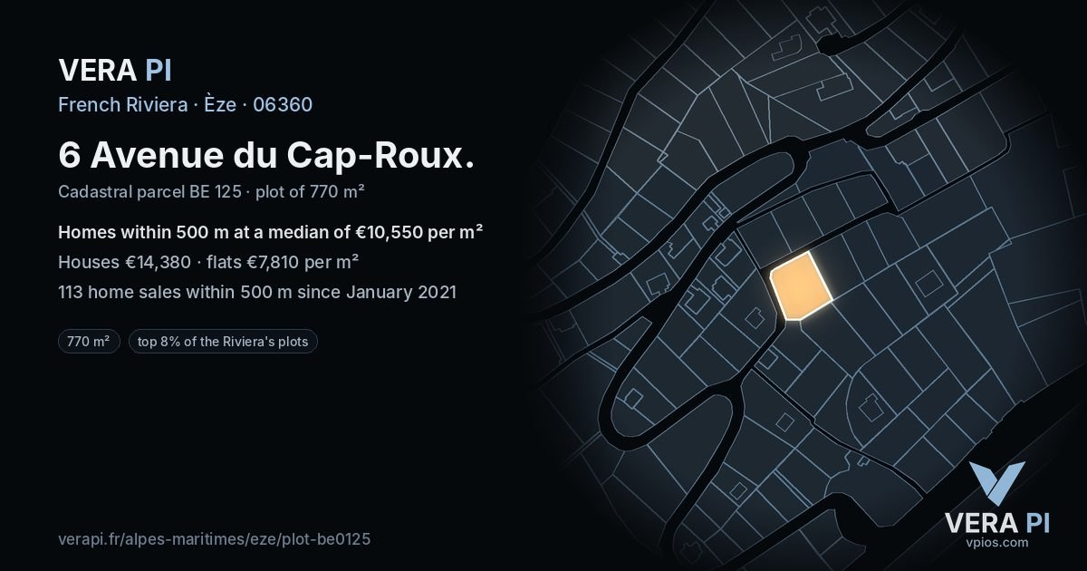 6 Avenue du Cap-Roux, Èze at night – the plot lit, the parcels around coloured by the prices near them