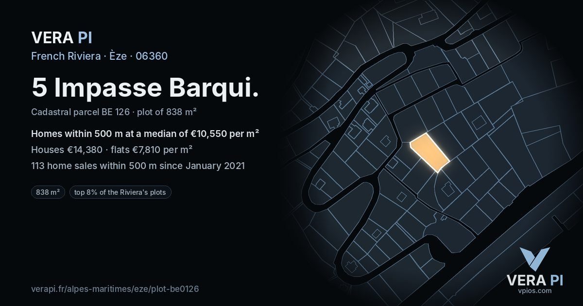 5 Impasse Barqui, Èze at night – the plot lit, the parcels around coloured by the prices near them