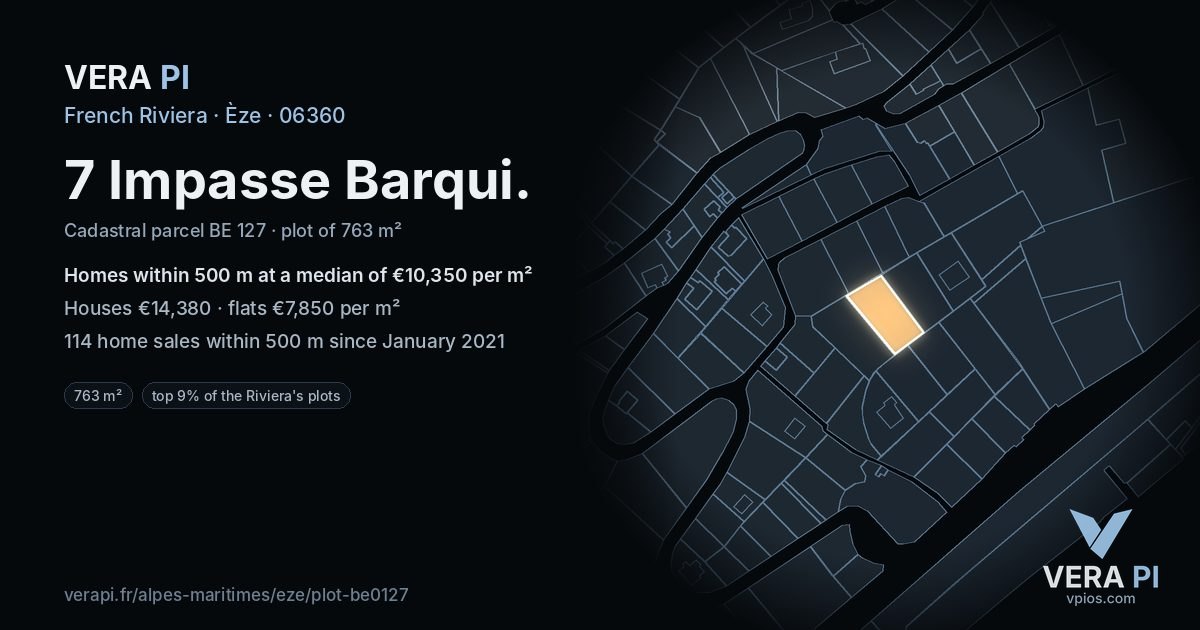 7 Impasse Barqui, Èze at night – the plot lit, the parcels around coloured by the prices near them