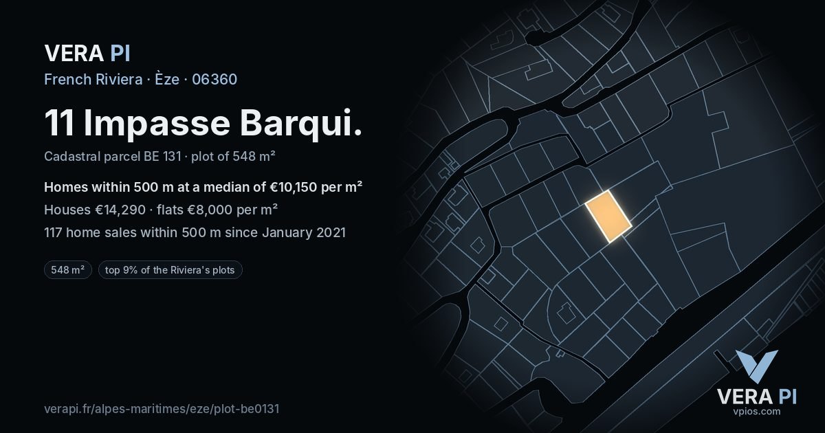11 Impasse Barqui, Èze at night – the plot lit, the parcels around coloured by the prices near them