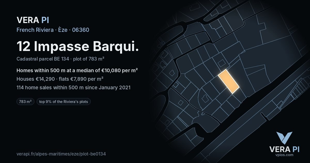 12 Impasse Barqui, Èze at night – the plot lit, the parcels around coloured by the prices near them