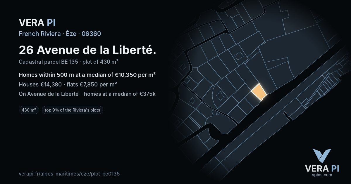 26 Avenue de la Liberté, Èze at night – the plot lit, the parcels around coloured by the prices near them