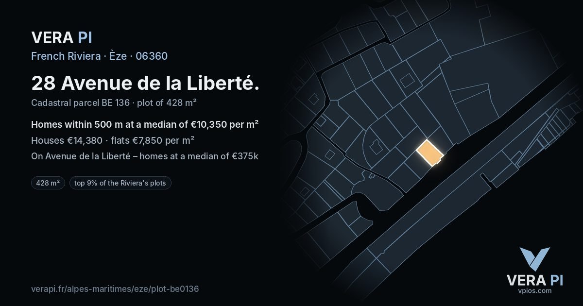 28 Avenue de la Liberté, Èze at night – the plot lit, the parcels around coloured by the prices near them