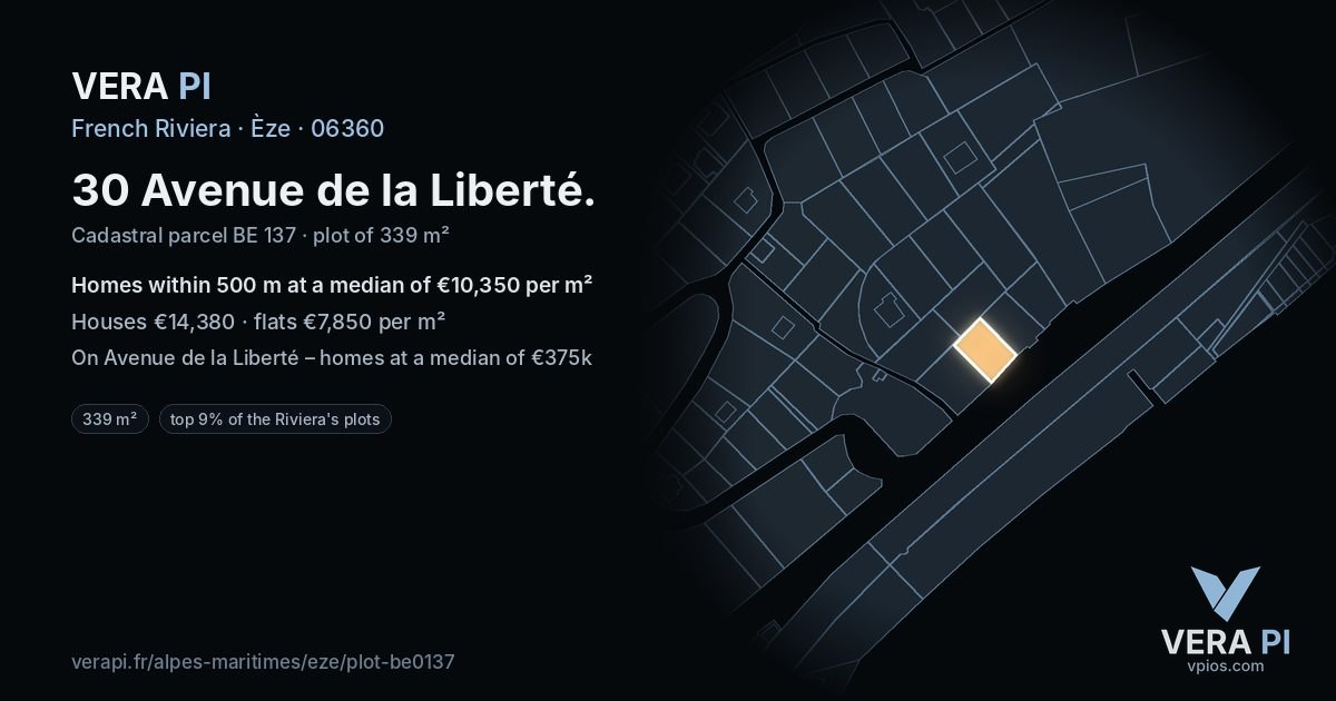 30 Avenue de la Liberté, Èze at night – the plot lit, the parcels around coloured by the prices near them