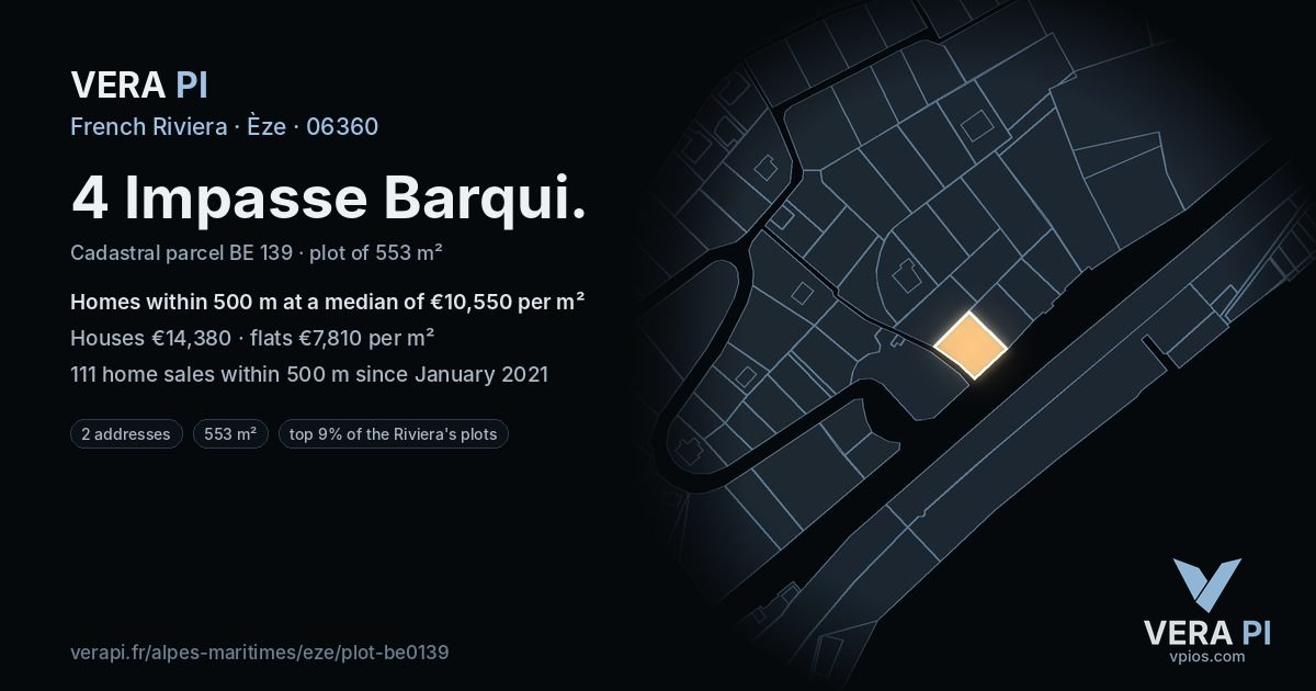 4 Impasse Barqui, Èze at night – the plot lit, the parcels around coloured by the prices near them