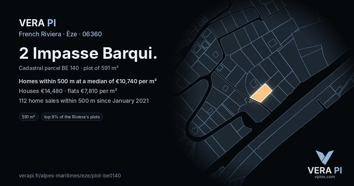 2 Impasse Barqui, Èze at night – the plot lit, the parcels around coloured by the prices near them