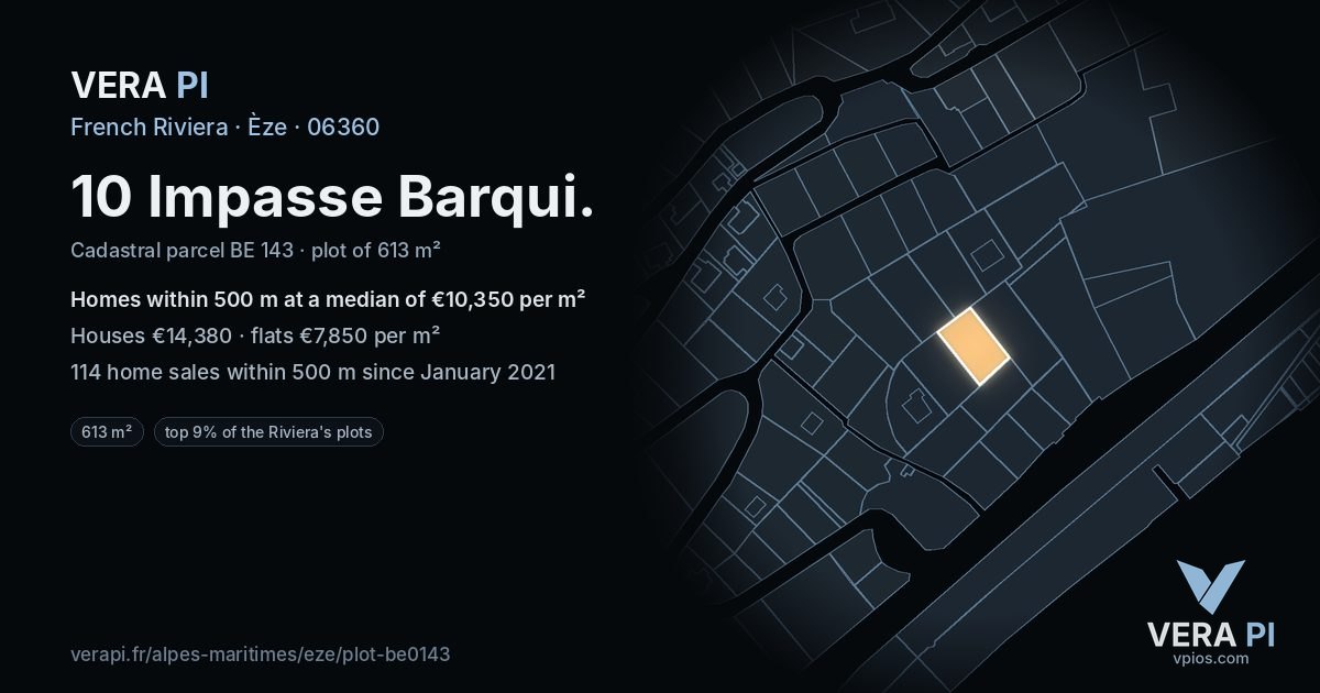10 Impasse Barqui, Èze at night – the plot lit, the parcels around coloured by the prices near them