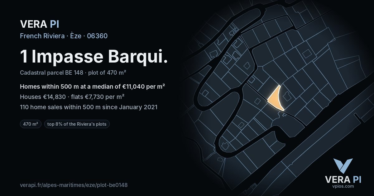 1 Impasse Barqui, Èze at night – the plot lit, the parcels around coloured by the prices near them