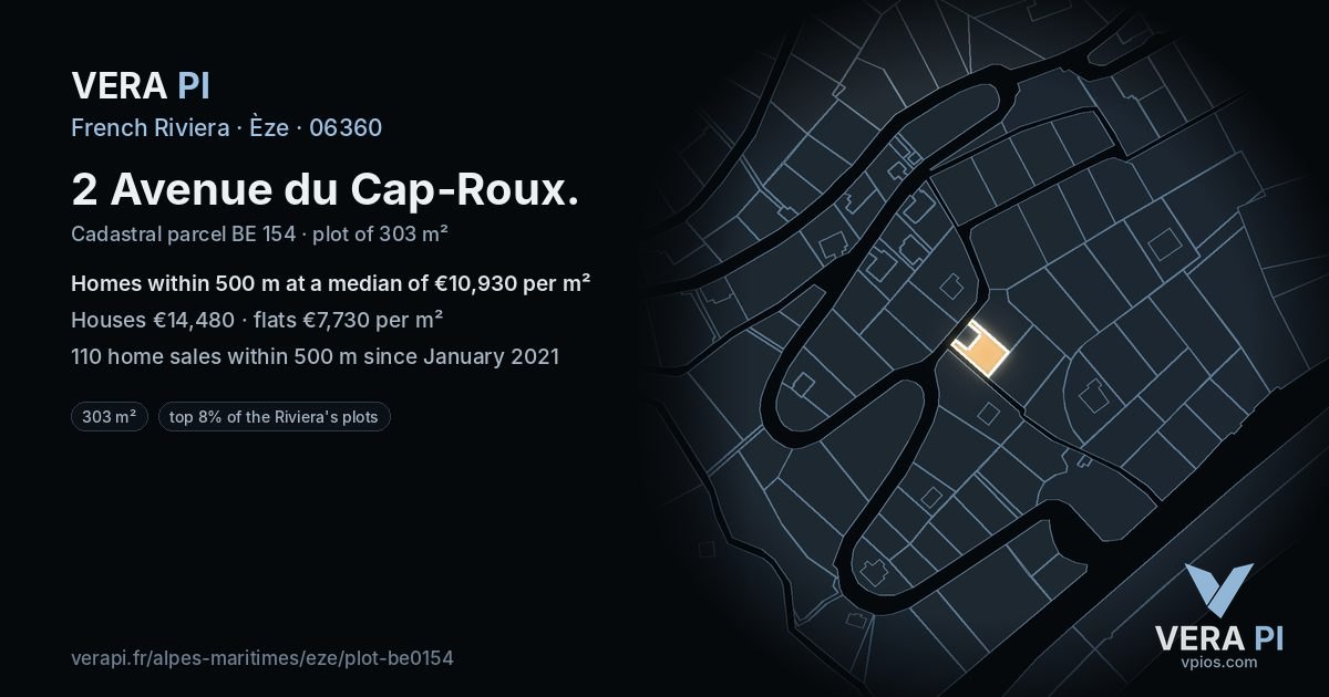 2 Avenue du Cap-Roux, Èze at night – the plot lit, the parcels around coloured by the prices near them