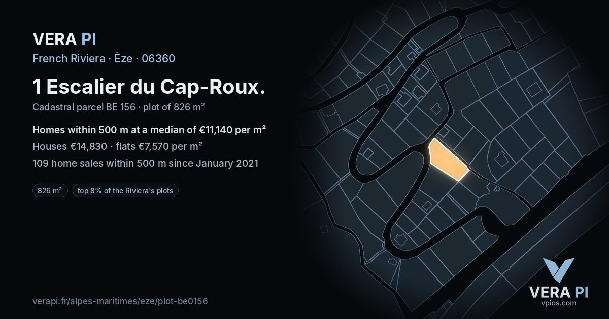 1 Escalier du Cap-Roux, Èze at night – the plot lit, the parcels around coloured by the prices near them