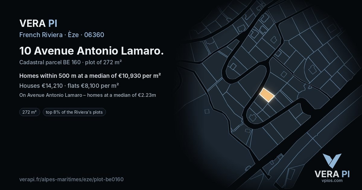 10 Avenue Antonio Lamaro, Èze at night – the plot lit, the parcels around coloured by the prices near them
