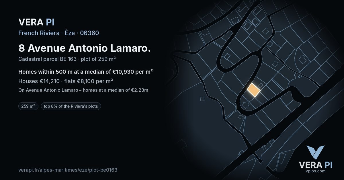8 Avenue Antonio Lamaro, Èze at night – the plot lit, the parcels around coloured by the prices near them