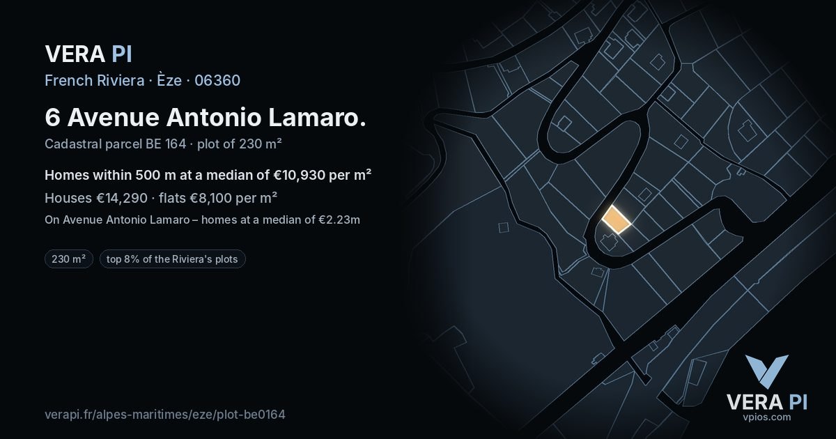 6 Avenue Antonio Lamaro, Èze at night – the plot lit, the parcels around coloured by the prices near them