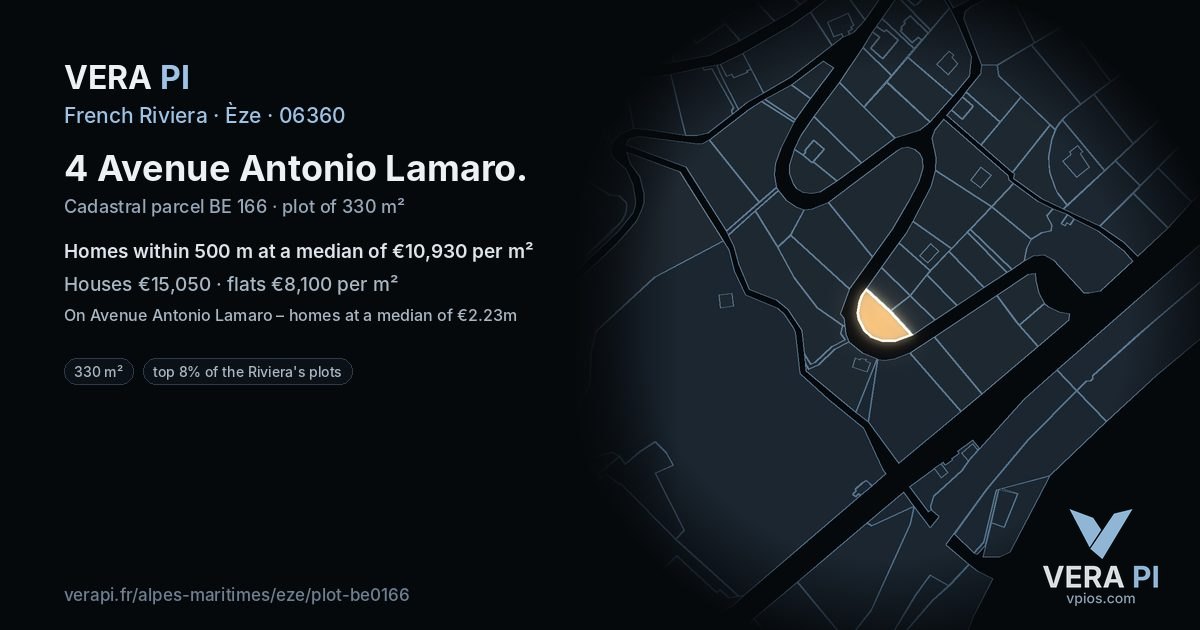 4 Avenue Antonio Lamaro, Èze at night – the plot lit, the parcels around coloured by the prices near them