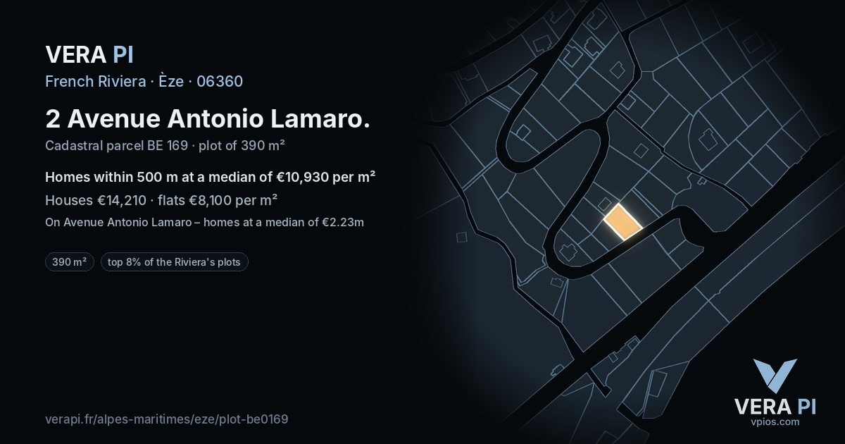 2 Avenue Antonio Lamaro, Èze at night – the plot lit, the parcels around coloured by the prices near them