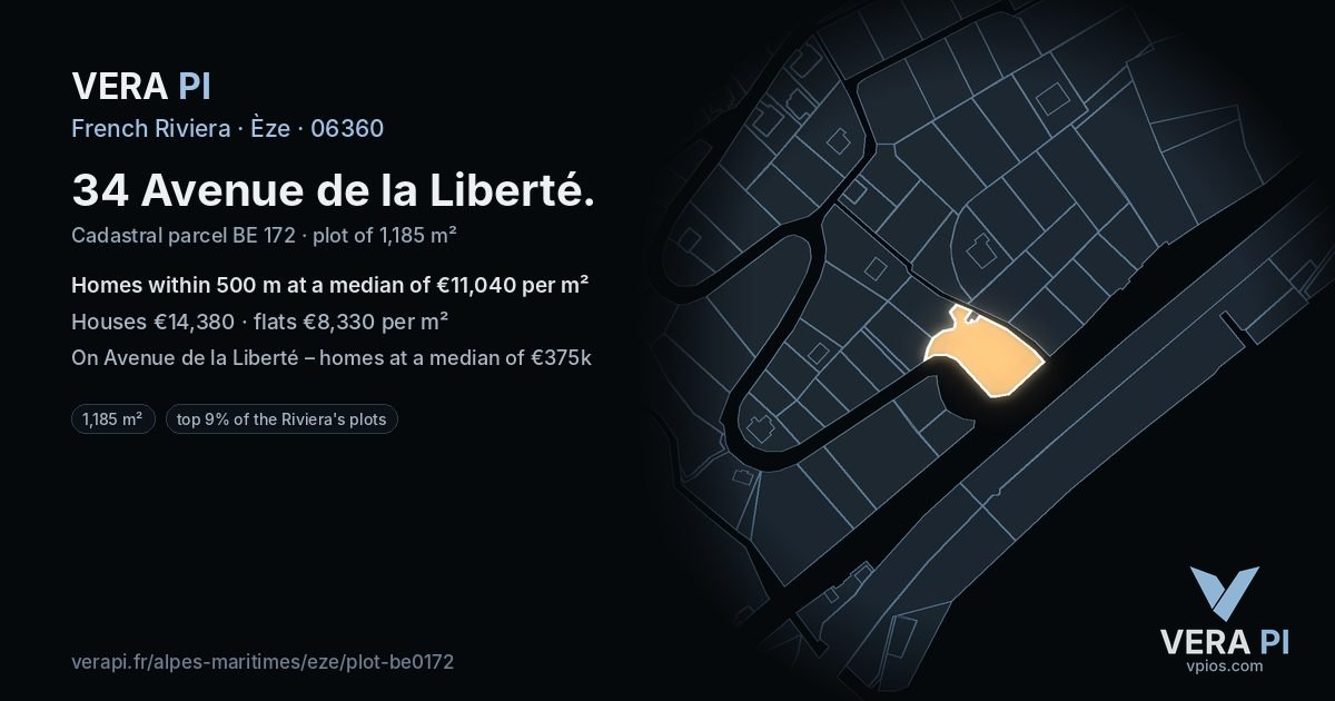 34 Avenue de la Liberté, Èze at night – the plot lit, the parcels around coloured by the prices near them