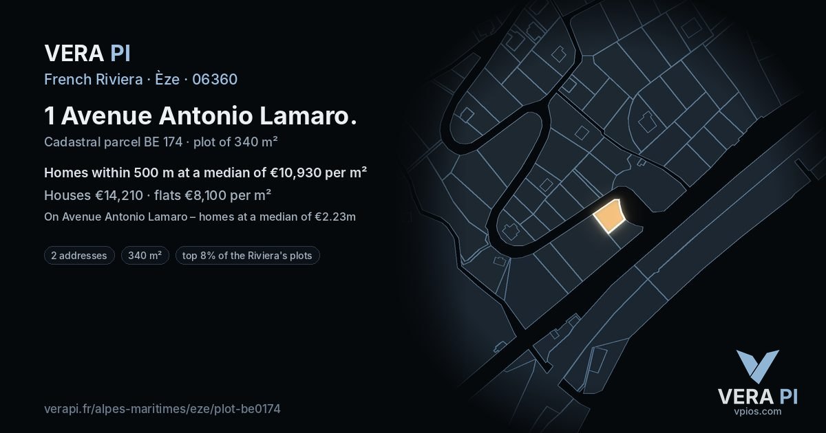 1 Avenue Antonio Lamaro, Èze at night – the plot lit, the parcels around coloured by the prices near them