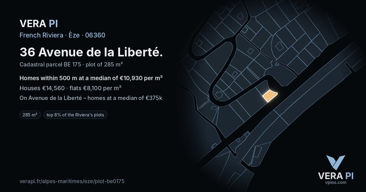 36 Avenue de la Liberté, Èze at night – the plot lit, the parcels around coloured by the prices near them