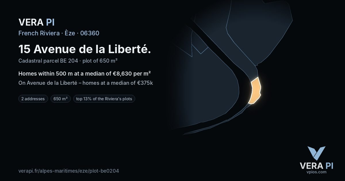 15 Avenue de la Liberté, Èze at night – the plot lit, the parcels around coloured by the prices near them