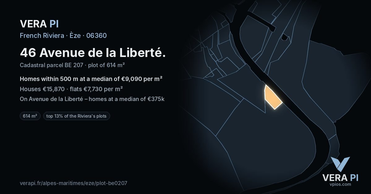 46 Avenue de la Liberté, Èze at night – the plot lit, the parcels around coloured by the prices near them