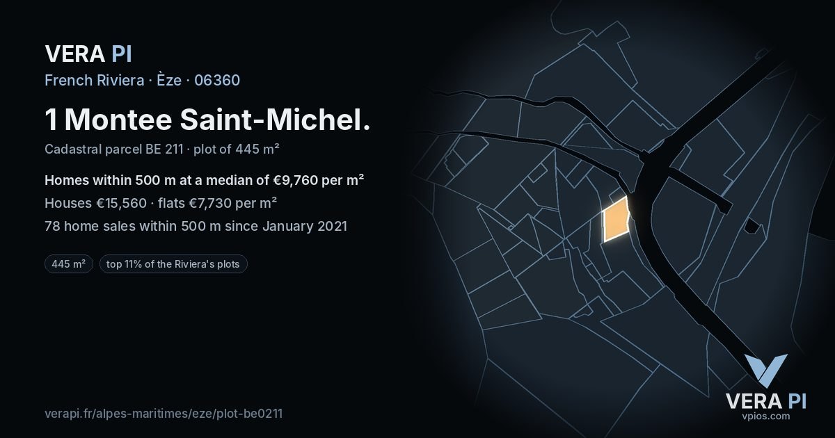 1 Montee Saint-Michel, Èze at night – the plot lit, the parcels around coloured by the prices near them