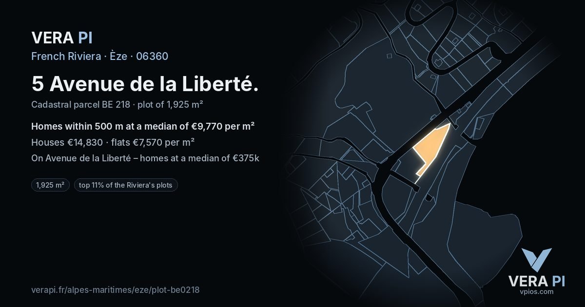 5 Avenue de la Liberté, Èze at night – the plot lit, the parcels around coloured by the prices near them