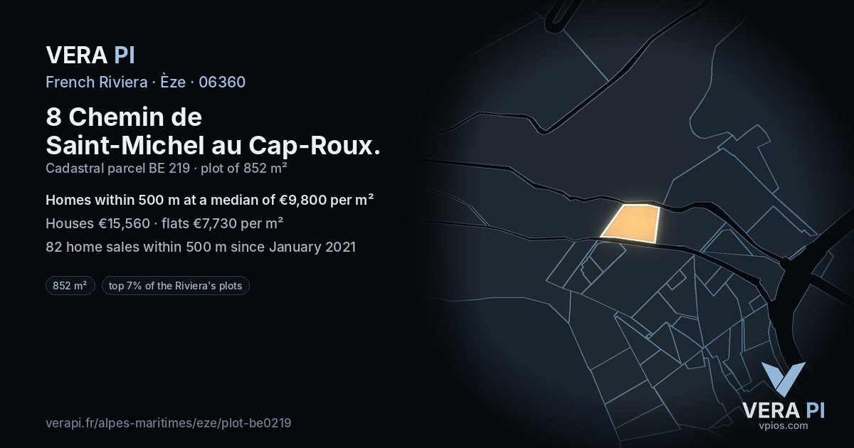 8 Chemin de Saint-Michel au Cap-Roux, Èze at night – the plot lit, the parcels around coloured by the prices near them