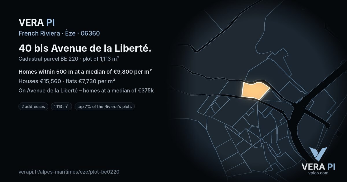 40 bis Avenue de la Liberté, Èze at night – the plot lit, the parcels around coloured by the prices near them