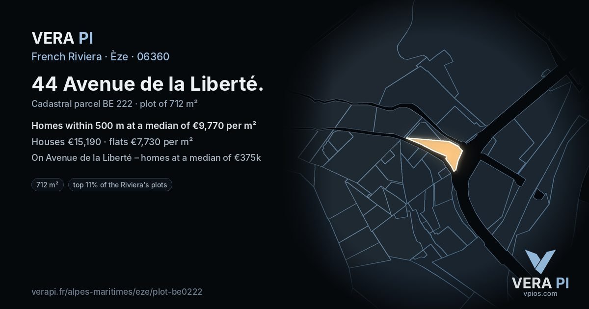 44 Avenue de la Liberté, Èze at night – the plot lit, the parcels around coloured by the prices near them