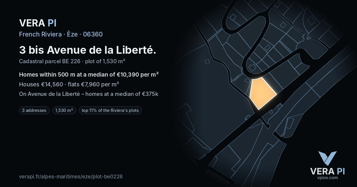 3 bis Avenue de la Liberté, Èze at night – the plot lit, the parcels around coloured by the prices near them