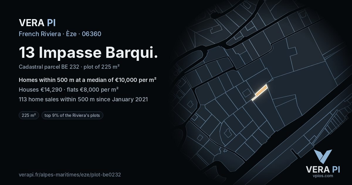 13 Impasse Barqui, Èze at night – the plot lit, the parcels around coloured by the prices near them