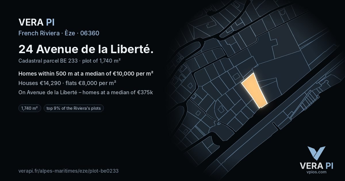24 Avenue de la Liberté, Èze at night – the plot lit, the parcels around coloured by the prices near them