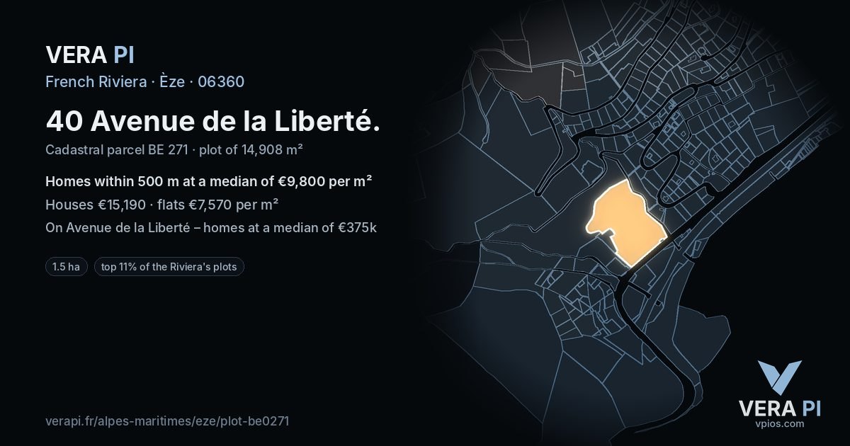 40 Avenue de la Liberté, Èze at night – the plot lit, the parcels around coloured by the prices near them
