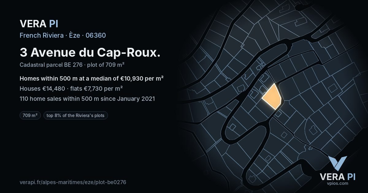 3 Avenue du Cap-Roux, Èze at night – the plot lit, the parcels around coloured by the prices near them
