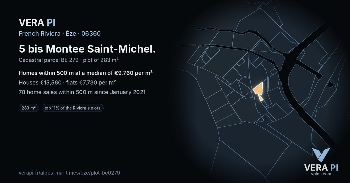 5 bis Montee Saint-Michel, Èze at night – the plot lit, the parcels around coloured by the prices near them
