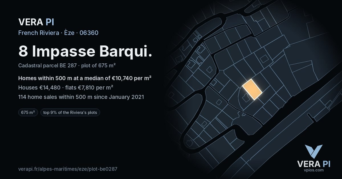 8 Impasse Barqui, Èze at night – the plot lit, the parcels around coloured by the prices near them