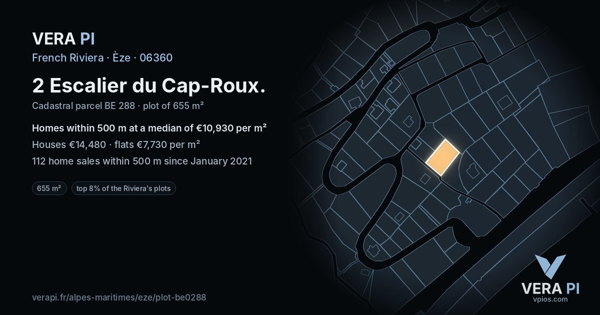 2 Escalier du Cap-Roux, Èze at night – the plot lit, the parcels around coloured by the prices near them