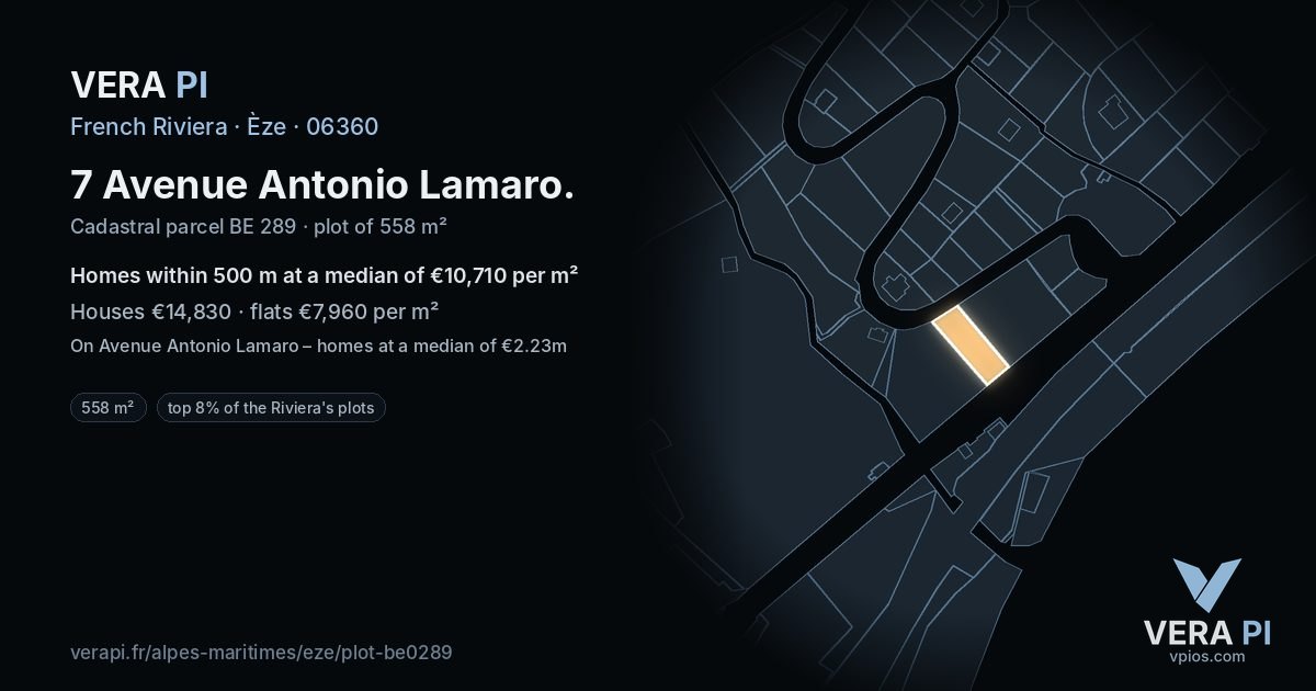 7 Avenue Antonio Lamaro, Èze at night – the plot lit, the parcels around coloured by the prices near them