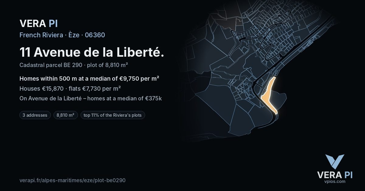 11 Avenue de la Liberté, Èze at night – the plot lit, the parcels around coloured by the prices near them