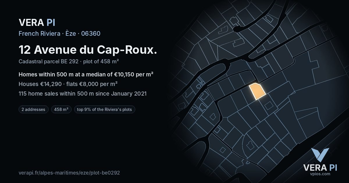 12 Avenue du Cap-Roux, Èze at night – the plot lit, the parcels around coloured by the prices near them