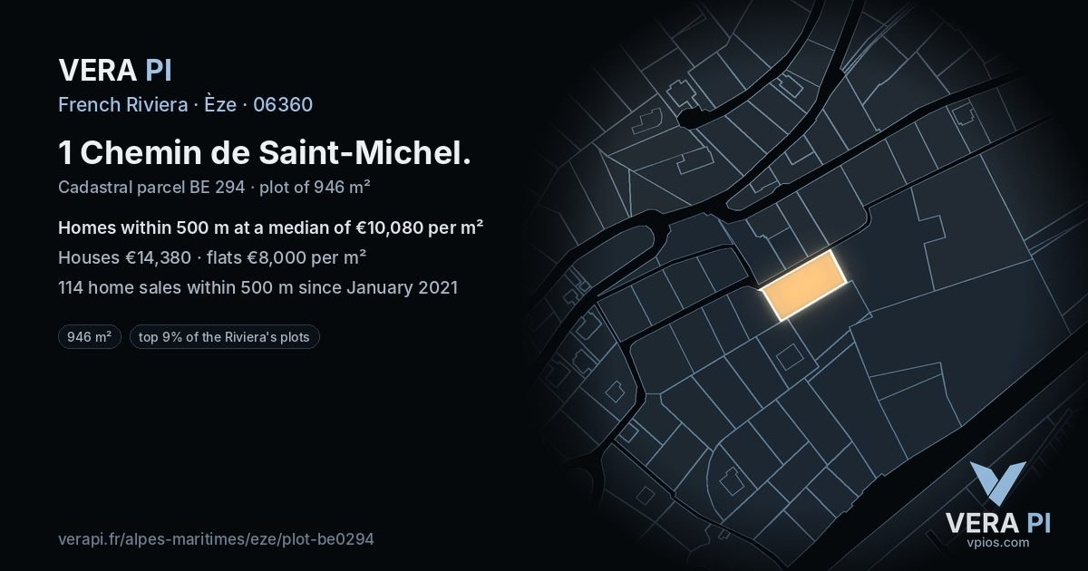 1 Chemin de Saint-Michel, Èze at night – the plot lit, the parcels around coloured by the prices near them