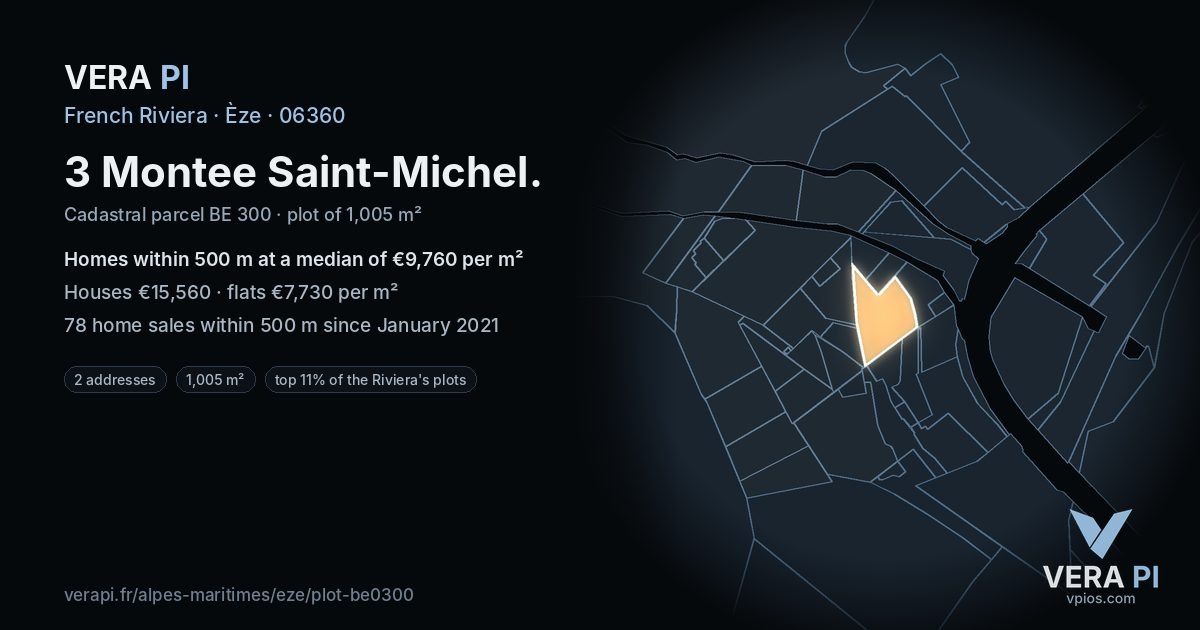 3 Montee Saint-Michel, Èze at night – the plot lit, the parcels around coloured by the prices near them