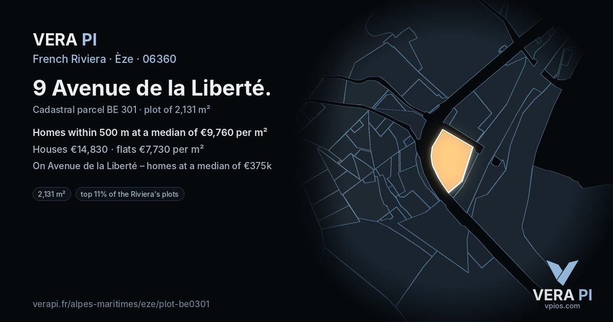 9 Avenue de la Liberté, Èze at night – the plot lit, the parcels around coloured by the prices near them