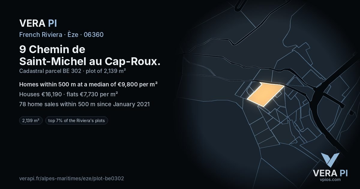 9 Chemin de Saint-Michel au Cap-Roux, Èze at night – the plot lit, the parcels around coloured by the prices near them