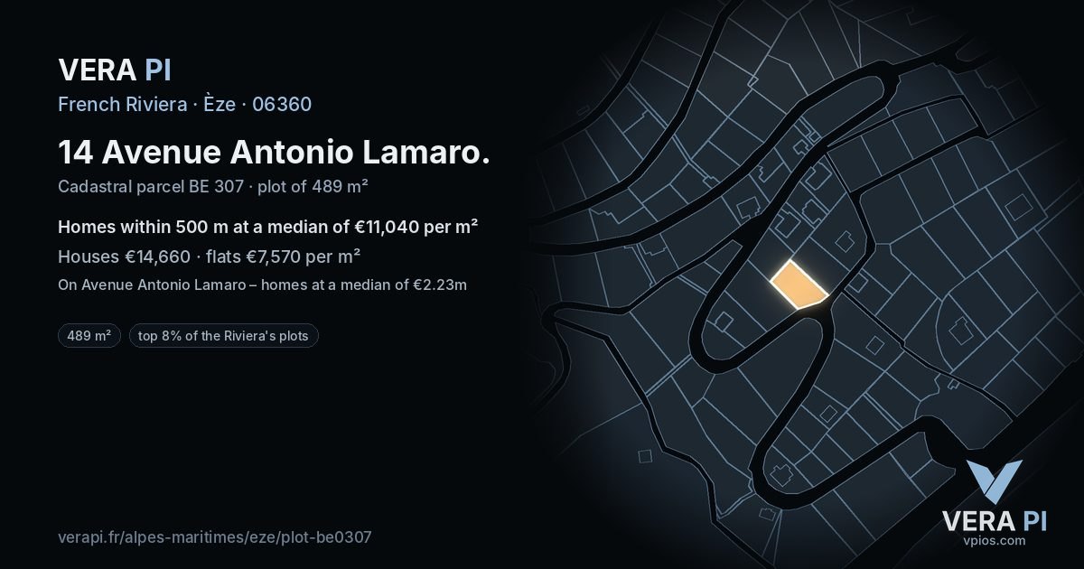 14 Avenue Antonio Lamaro, Èze at night – the plot lit, the parcels around coloured by the prices near them
