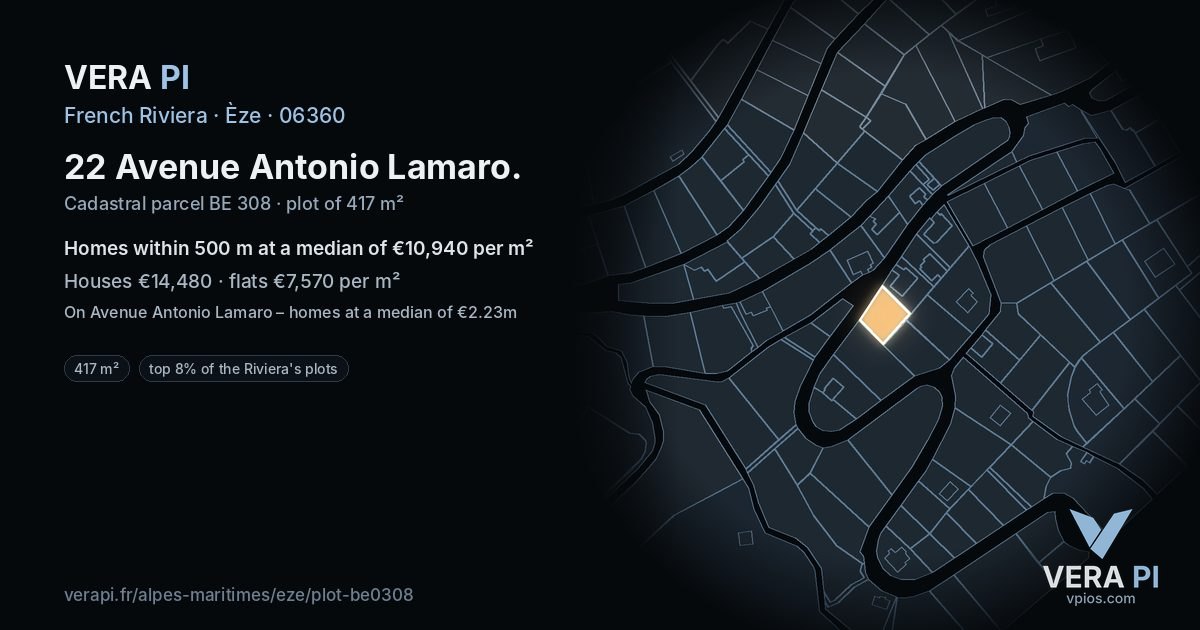 22 Avenue Antonio Lamaro, Èze at night – the plot lit, the parcels around coloured by the prices near them