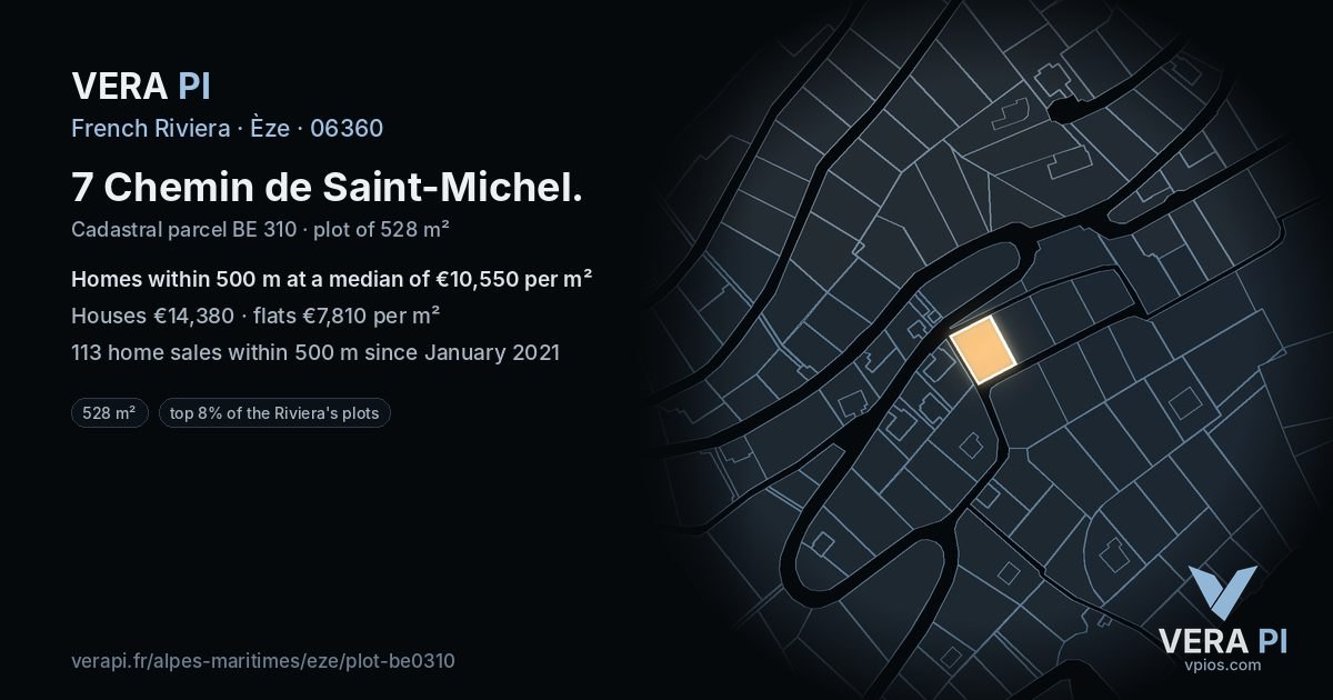 7 Chemin de Saint-Michel, Èze at night – the plot lit, the parcels around coloured by the prices near them