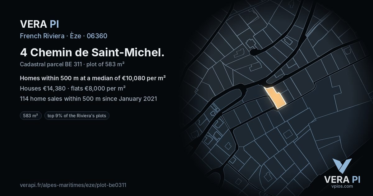4 Chemin de Saint-Michel, Èze at night – the plot lit, the parcels around coloured by the prices near them